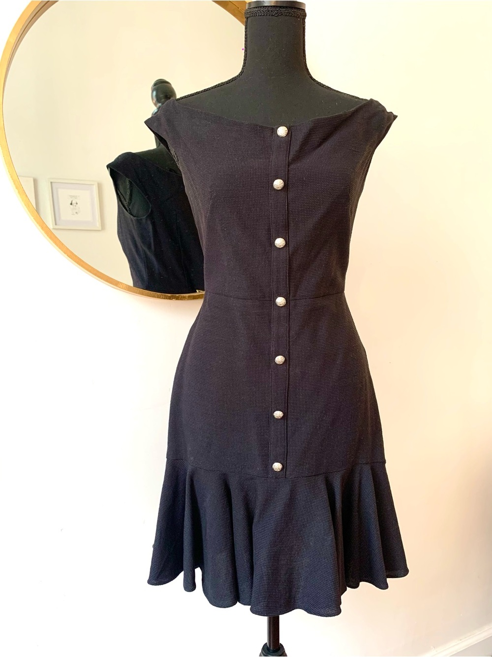 Veronica Beard Navy Ruffle Over the Shoulder Midi Dress with Gold Buttons